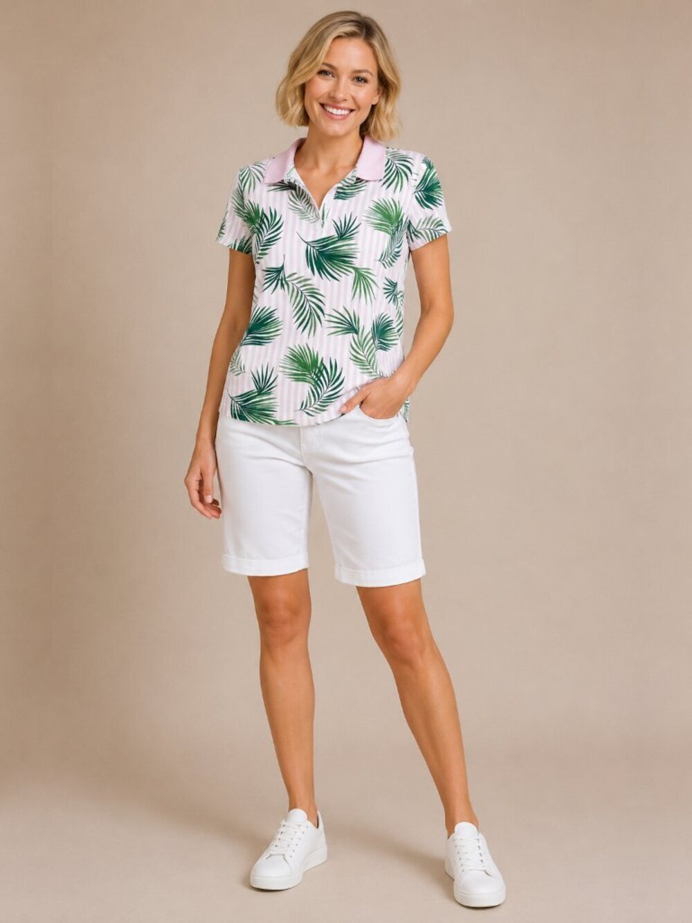 2/$30 Lands' End Palm Leaf Striped Short Sleeve Polo Shirt Green Pink XL #A2196